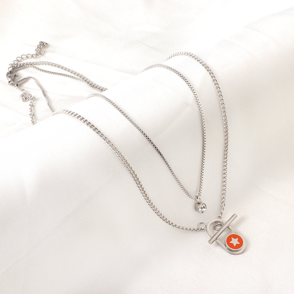 Enamel Girls Kids Jewelry Stainless Steel Oval Hollow Round Orange Drip Oil With Star + Chain With Diamond Double Chain Necklace