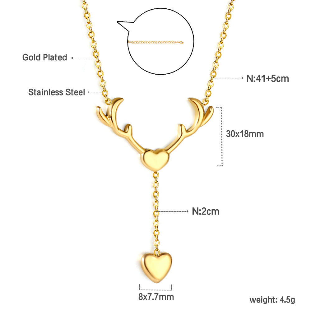 Antler Heart + Heart Pendant Necklace 41+5cm Gold Color