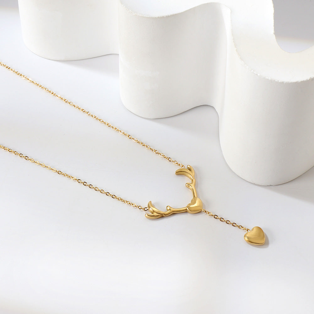Antler Heart + Heart Pendant Necklace 41+5cm Gold Color