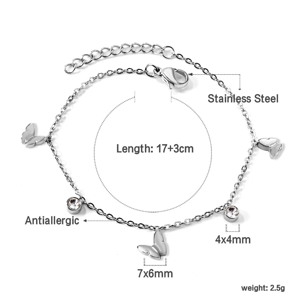 3 Butterflies + 2 Cylindrical White Diamonds Accessories Bracelet 17+3cm