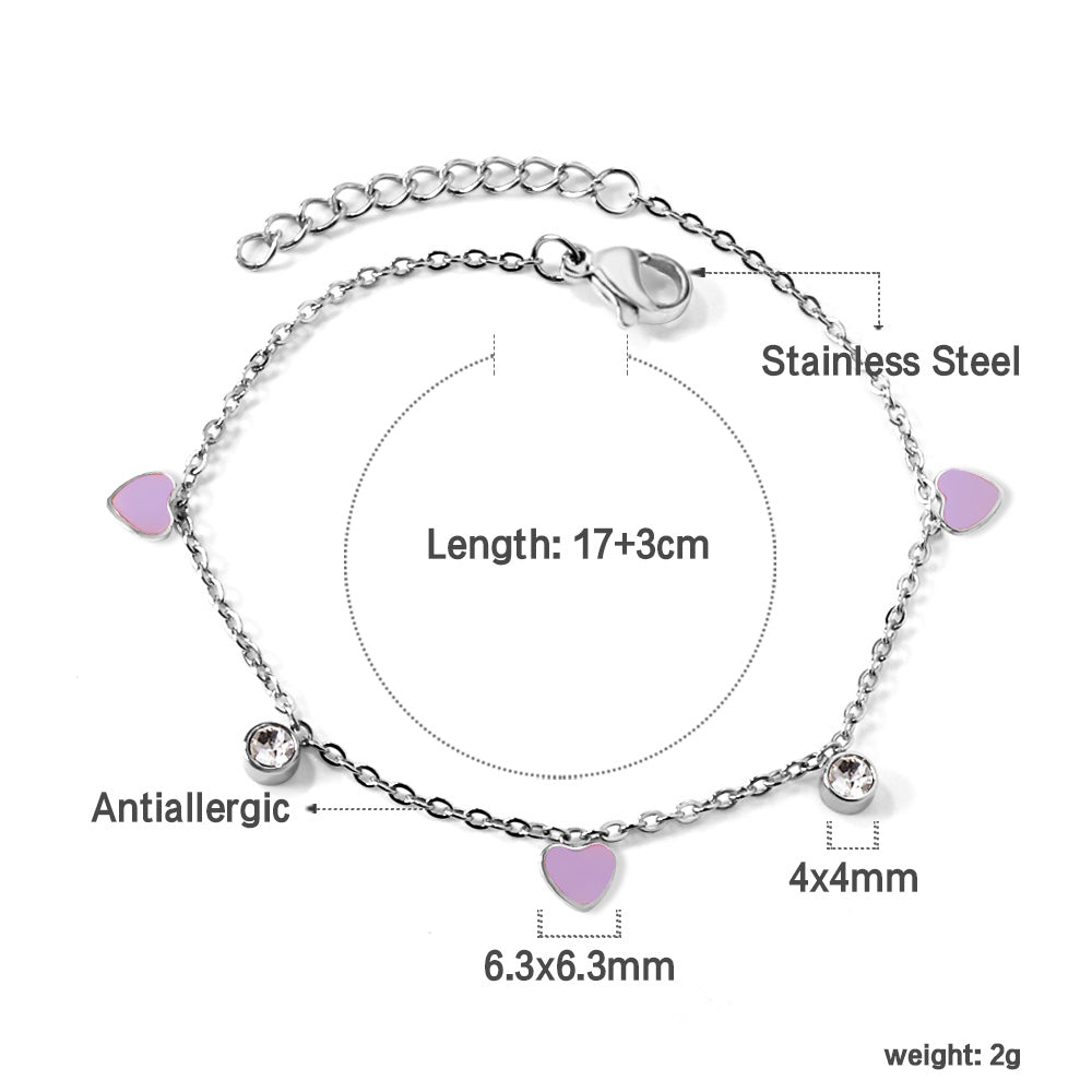 3 Hearts & Purple Oil Drops + 2 Cylindrical White Diamonds Accessories Bracelet 17+3cm