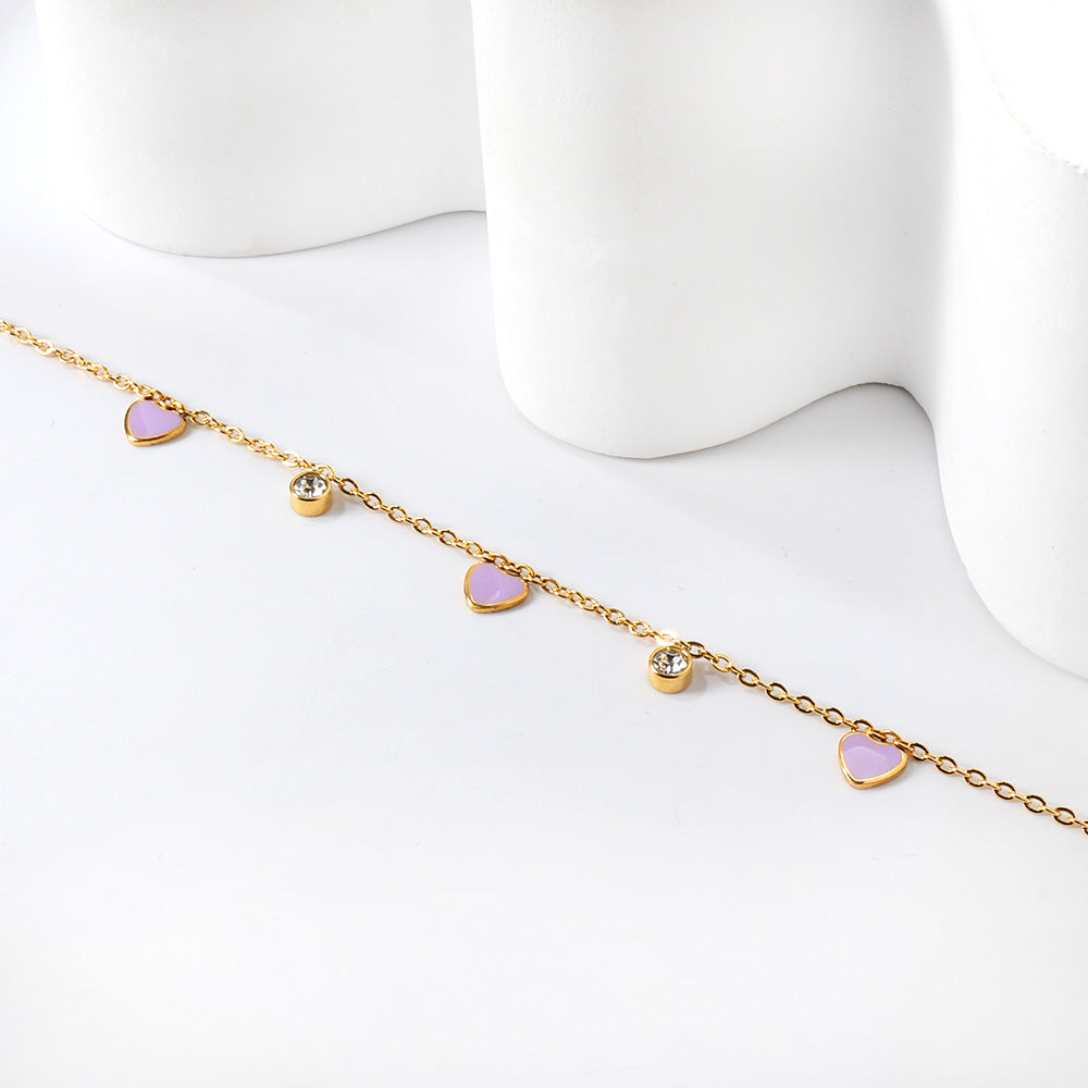3 Hearts & Purple Oil Drops + 2 Cylindrical White Diamonds Accessories Bracelet 17+3cm