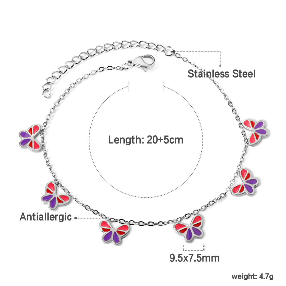 6 Mixed Color Butterfly Accessory Anklets 20+5cm Gold Steel