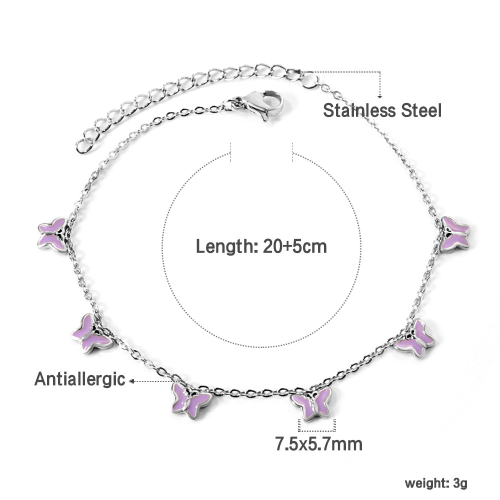 6 Purple & Blue Butterfly Butterfly Anklet 20+5cm Steel Gold