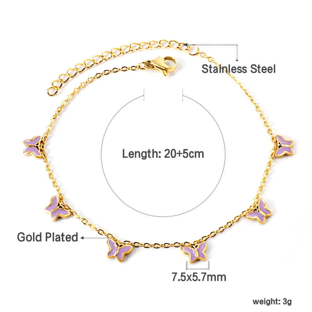 6 Purple & Blue Butterfly Butterfly Anklet 20+5cm Steel Gold