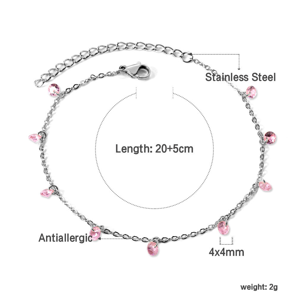 9 white & purple & pink & mixed diamonds anklet 20+5cm steel color gold color