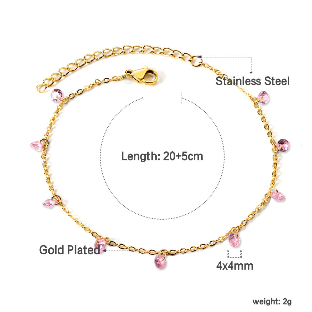 9 white & purple & pink & mixed diamonds anklet 20+5cm steel color gold color