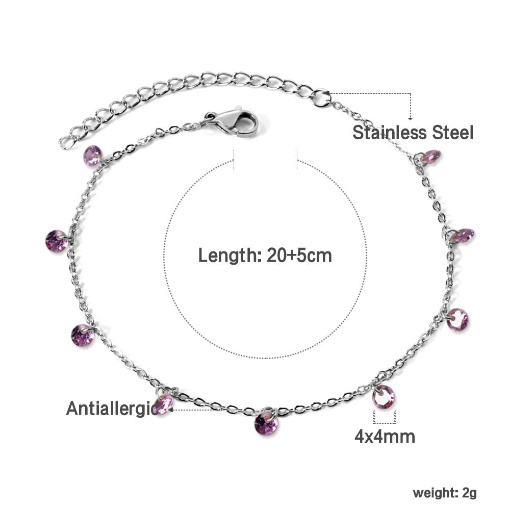 9 white & purple & pink & mixed diamonds anklet 20+5cm steel color gold color