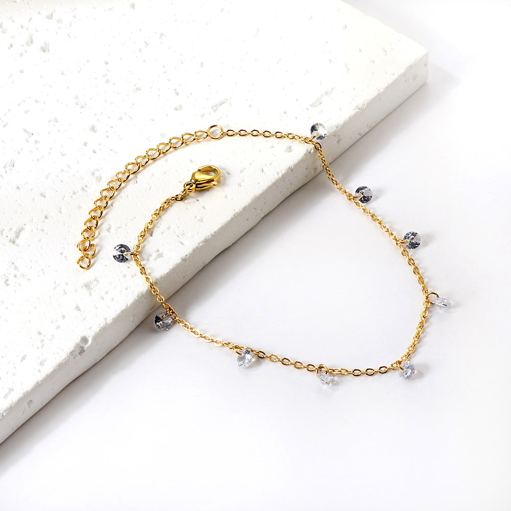 9 white & purple & pink & mixed diamonds anklet 20+5cm steel color gold color