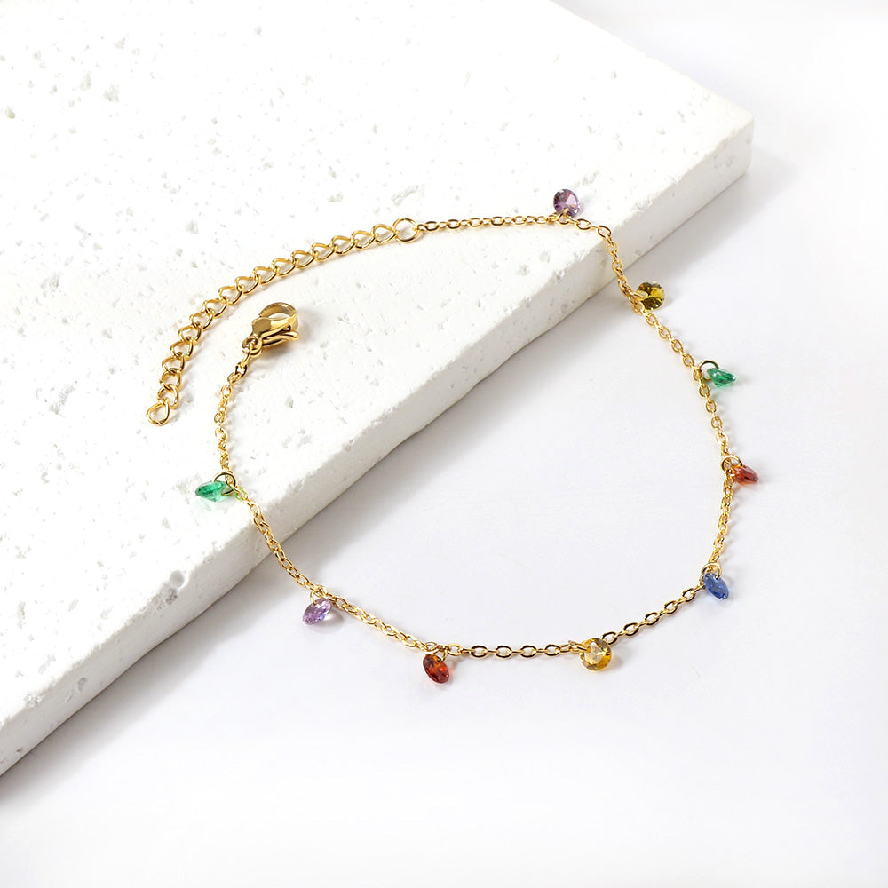 9 white & purple & pink & mixed diamonds anklet 20+5cm steel color gold color