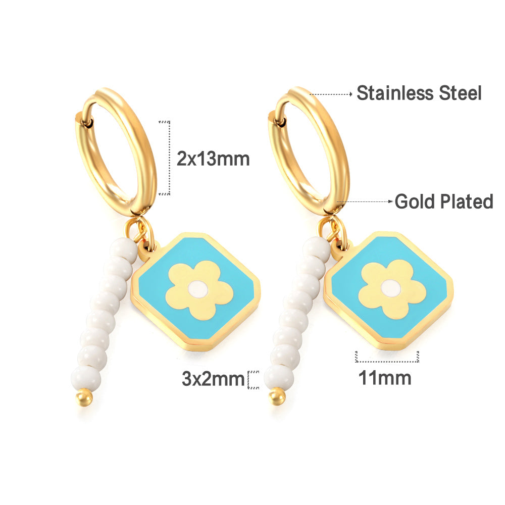 Stainless Steel Circle With 8 White Beads+Square With Blue Peach Blossom Earrings