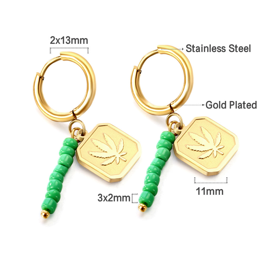 Stainless Steel Circle With 8 Green Beads+Square With Leaf Earrings