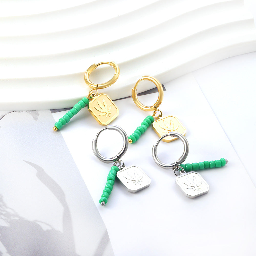 Stainless Steel Circle With 8 Green Beads+Square With Leaf Earrings