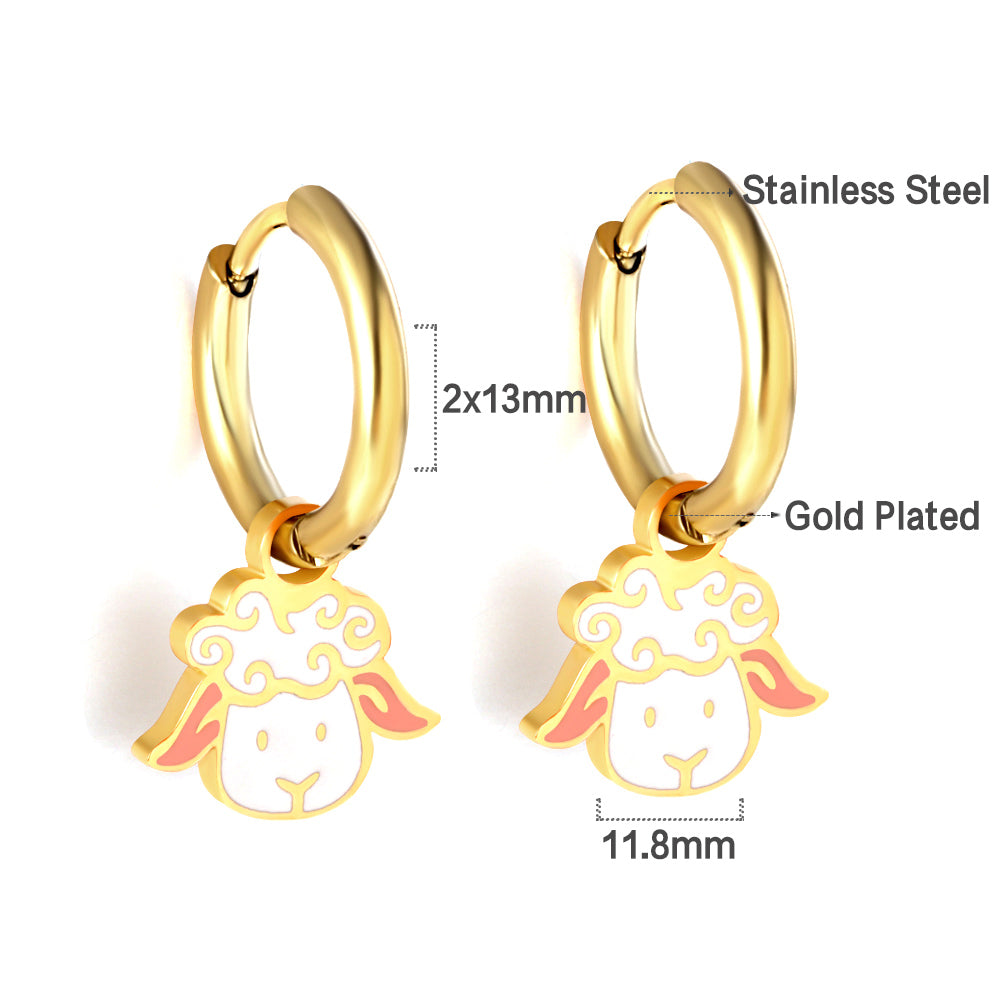 New Stainless Steel Circle With Mixed-colored Lamb Head Earrings