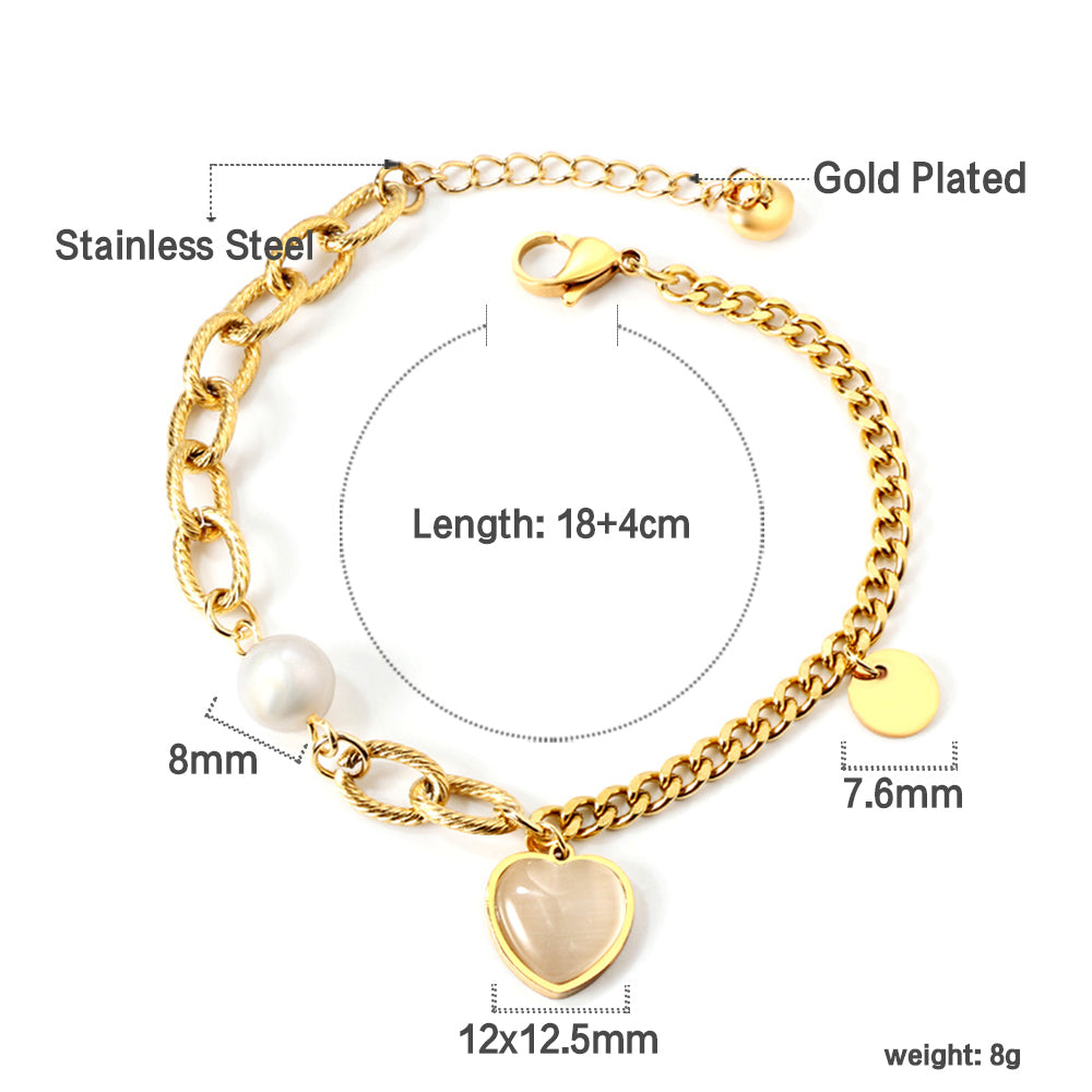 White Pearl + Heart Shape with White Zirconia + Round Accessories Bracelet 18+4cm Gold