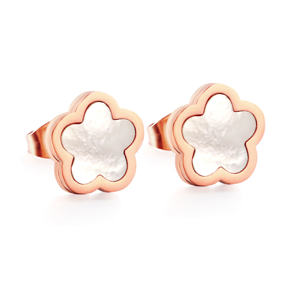 Wholesale New Stainless Steel Peach Blossoms With White Shell Cutting Stud Earrings