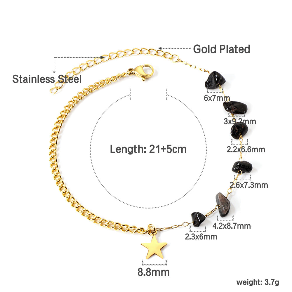 6 black zirconias + semi-matching chain with stars anklet 21+5cm gold color