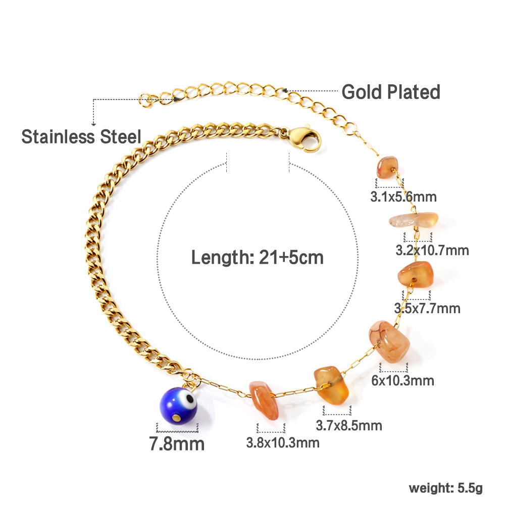 6 mixed color zirconias + semi-matching chain with blue eyes anklet 21+5cm gold