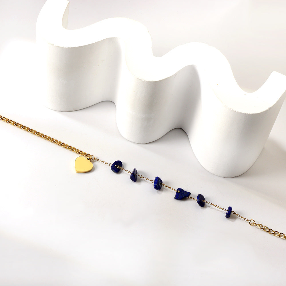 6 Blue Alien Zirconia + Half Matching Chain with Heart Anklet 21+5cm Gold Color