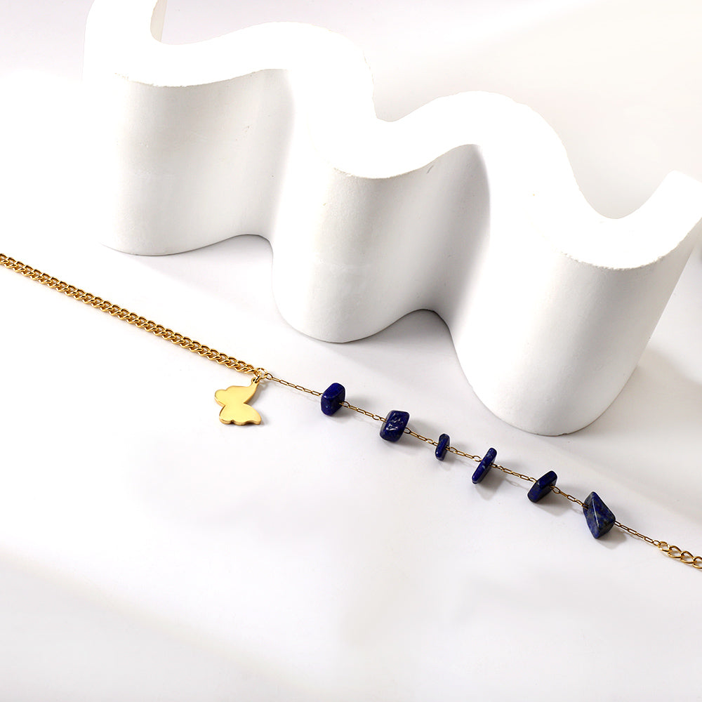 6 blue shaped zirconias + half matching chain with butterfly anklet 21+5cm gold color