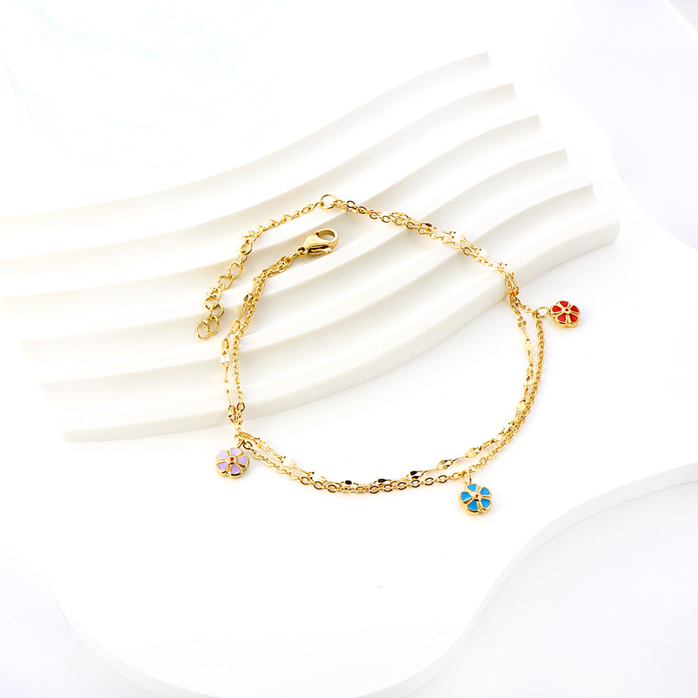 3 Mixed Peach Blossom with chain + chain with double anklet 21+5cm gold color steel color