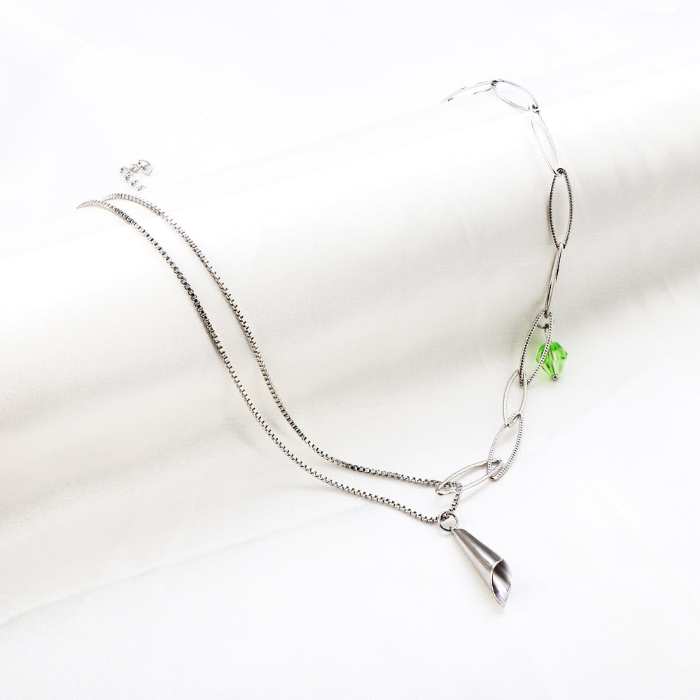 New Green Diamond+Paper Tube Shape Accessories+Single Side Double Chain Necklace