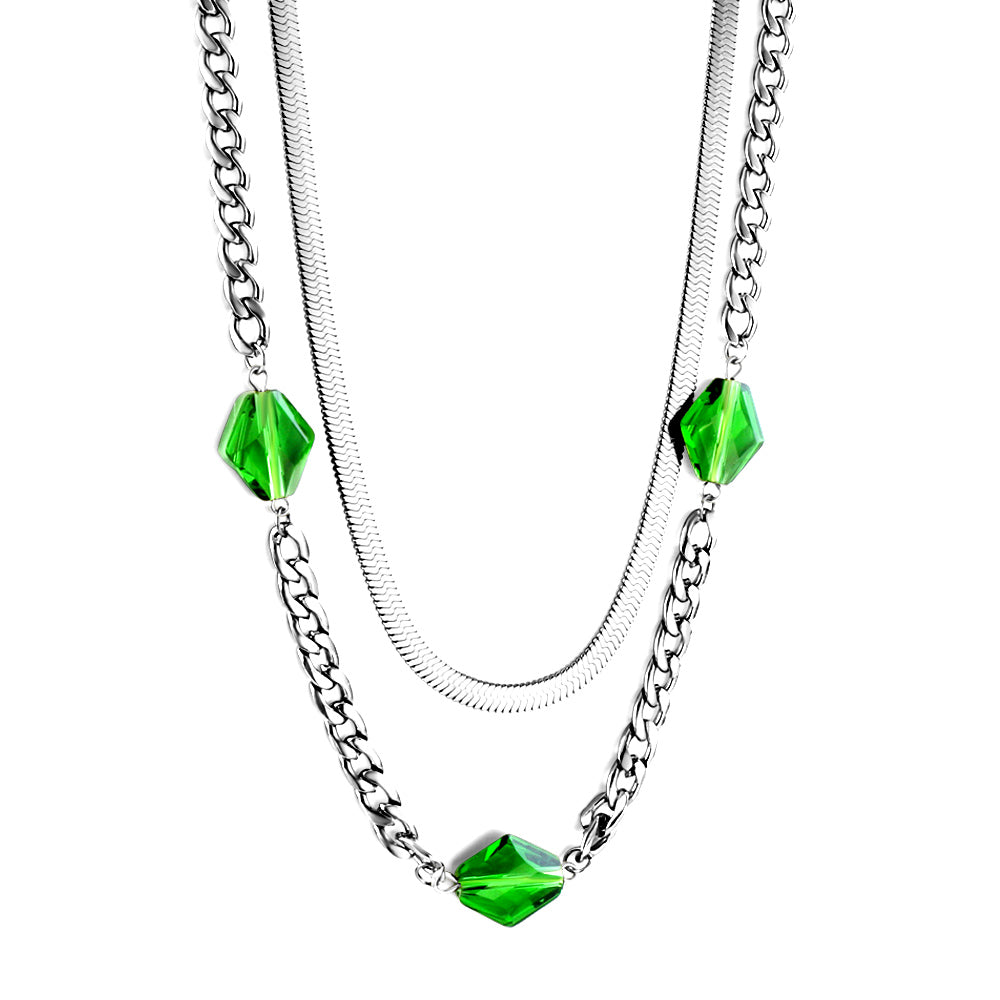 3 Rhombus Green Diamonds Accessory Double Chain Necklace