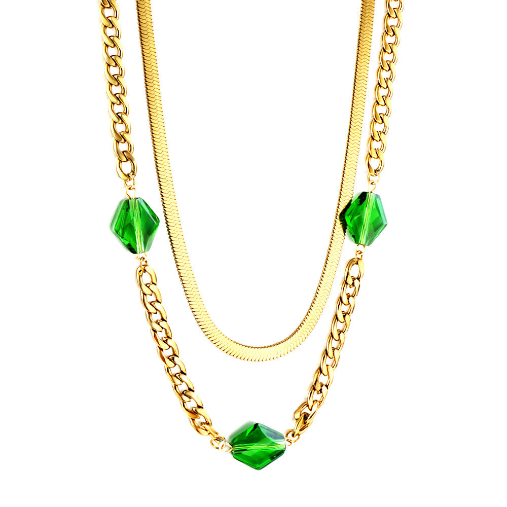 3 Rhombus Green Diamonds Accessory Double Chain Necklace