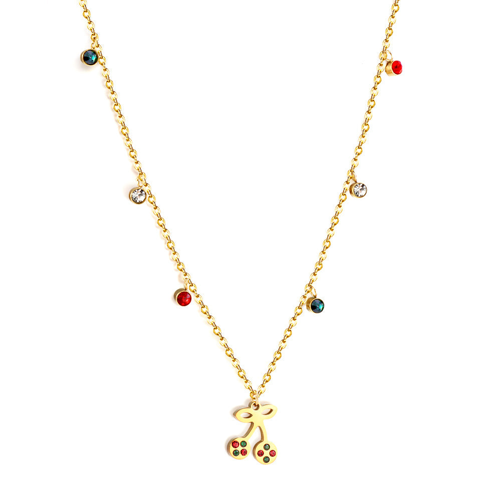 New Fashion 6 Mixed Color Round Diamonds+Cherry Mixed Color Drip Oil Accessory Necklace