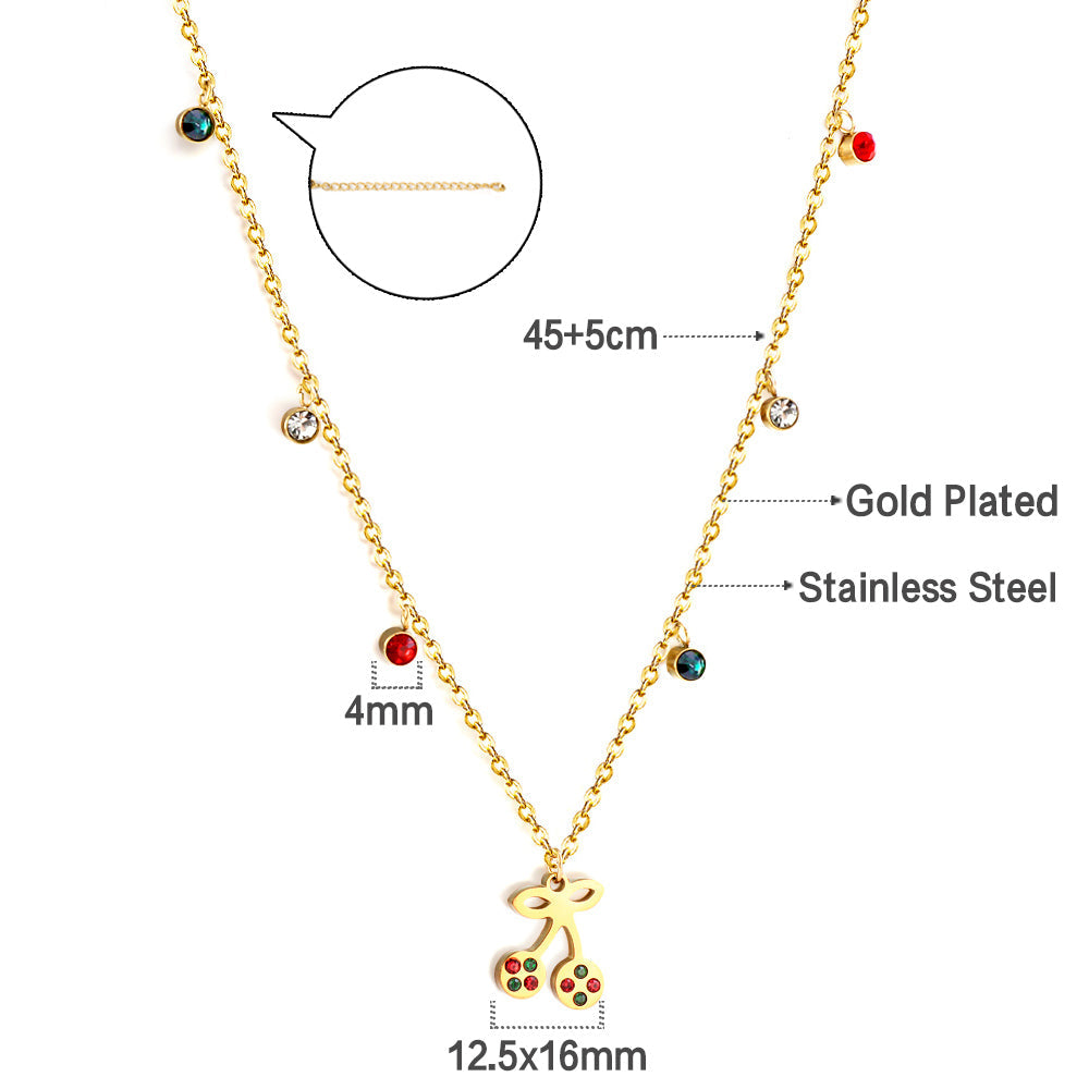 New Fashion 6 Mixed Color Round Diamonds+Cherry Mixed Color Drip Oil Accessory Necklace