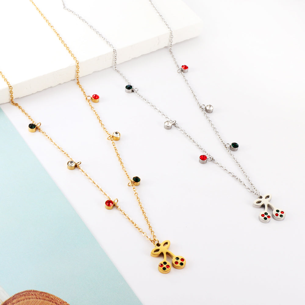 New Fashion 6 Mixed Color Round Diamonds+Cherry Mixed Color Drip Oil Accessory Necklace