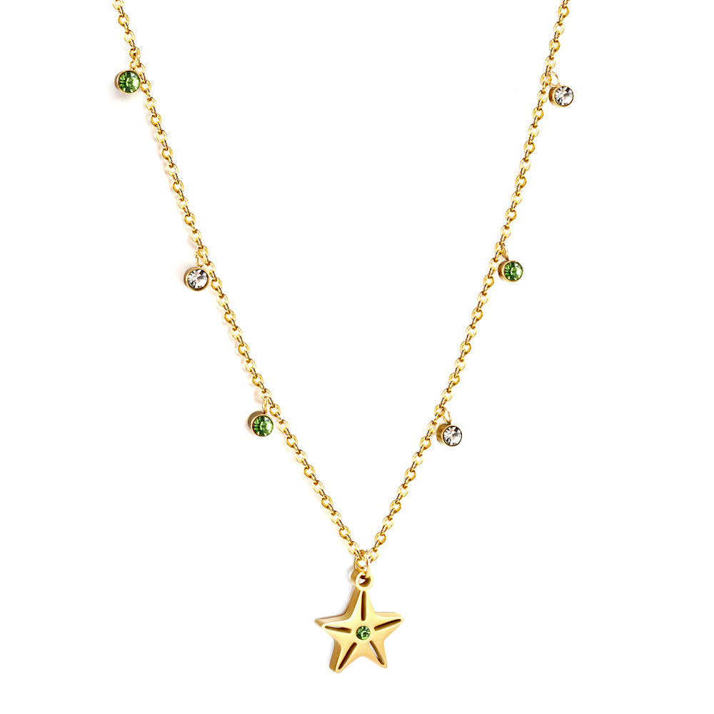 New 3 Green Diamonds + 3 White Diamonds + Star With Green Diamond Necklace
