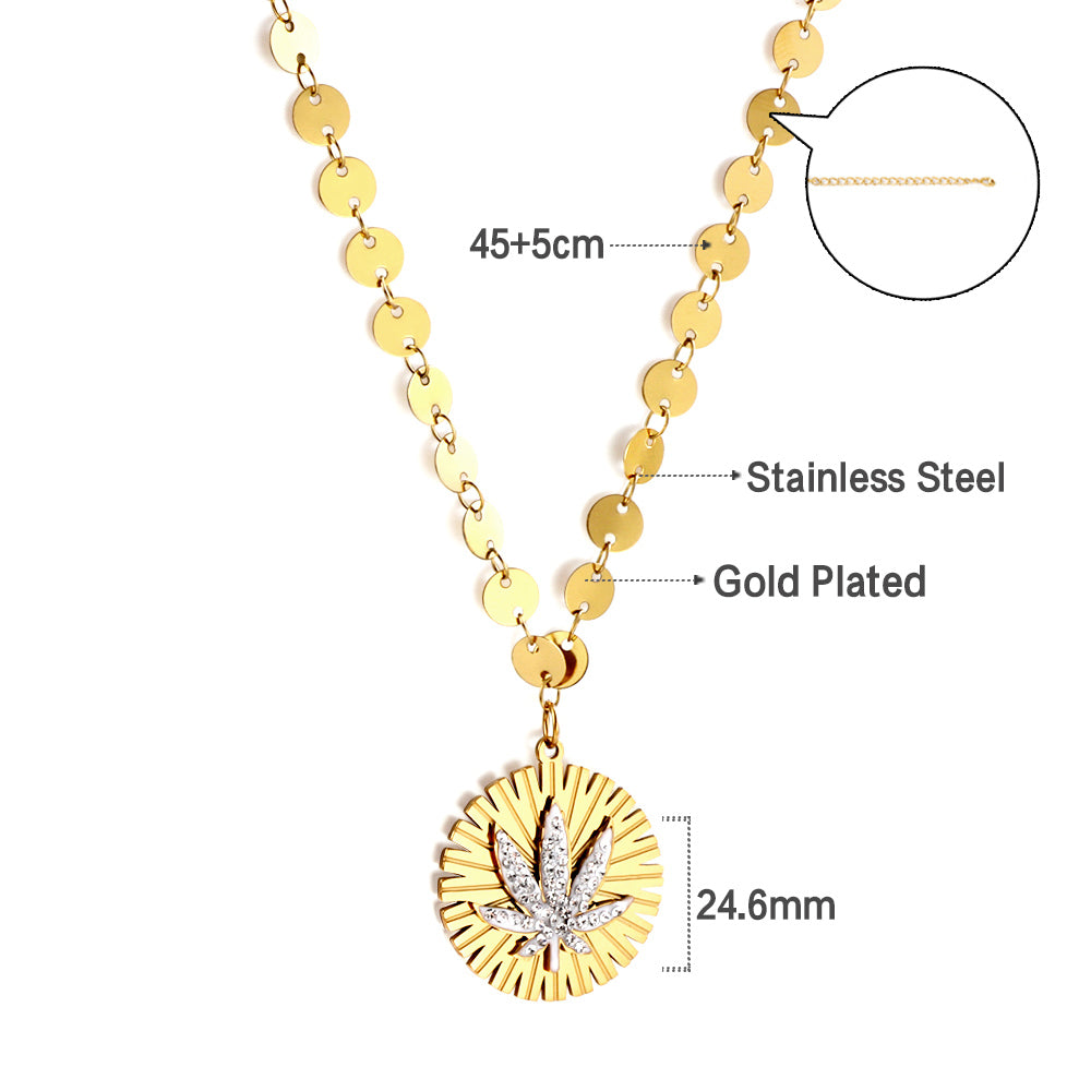 Stainless Steel Round Accessory With White Mud Drill Leaf Necklace
