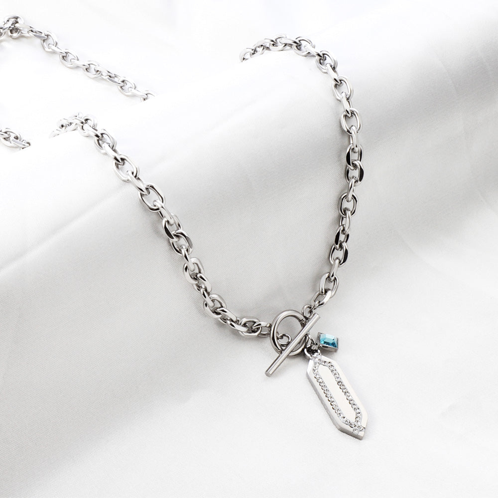 Rhombus Accessory With White Diamond+Square Lake Blue Diamond Necklace