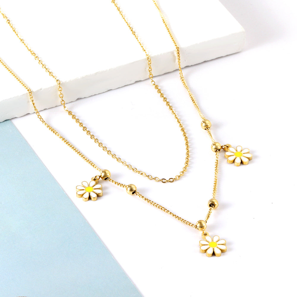 Stainless Steel 3 Little Wrinkle Chrysanthemums 6 Steel Beads With Chain Double Chain