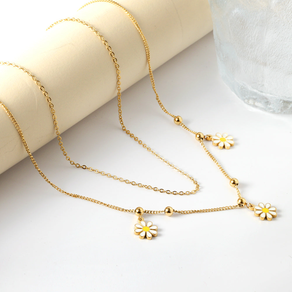 Stainless Steel 3 Little Wrinkle Chrysanthemums 6 Steel Beads With Chain Double Chain