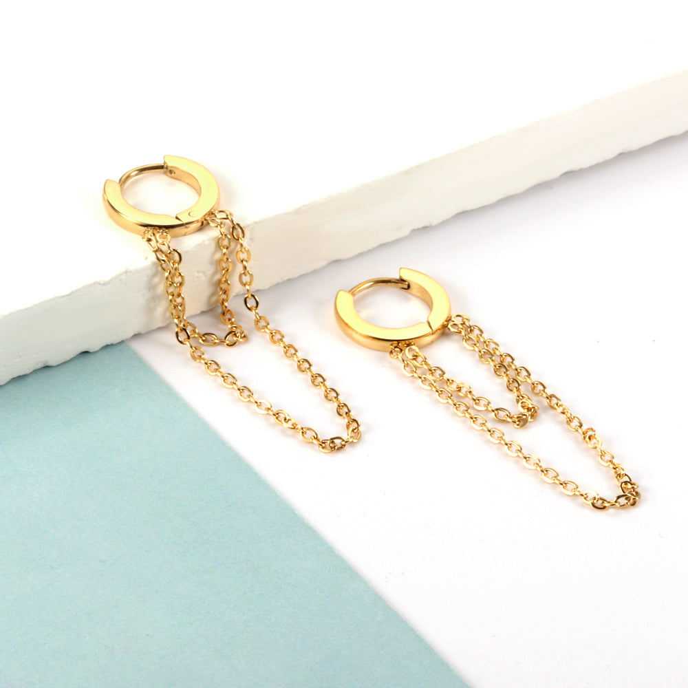 Stainless Steel Circle With Double Chain Earrings For Women