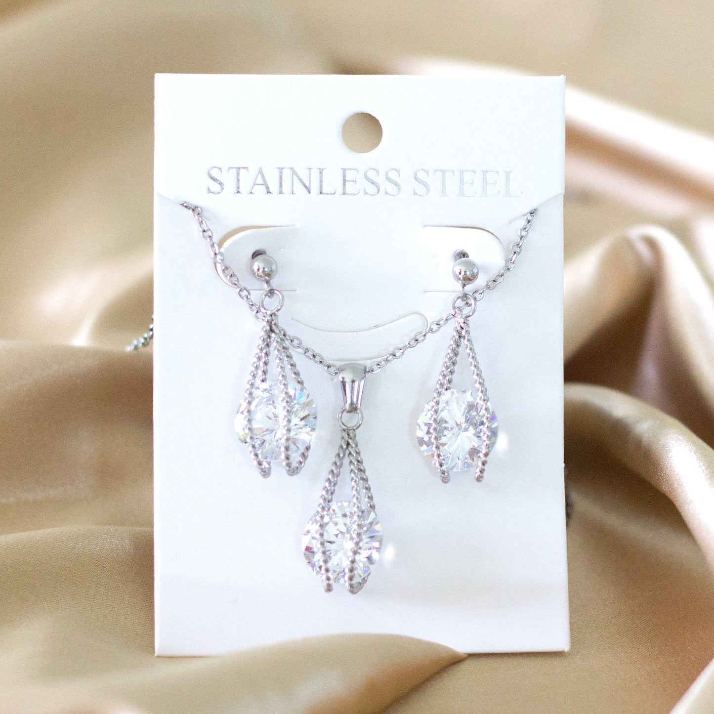 Steel/Gold Simple with Oversized Diamond Pendant Jewelry Set