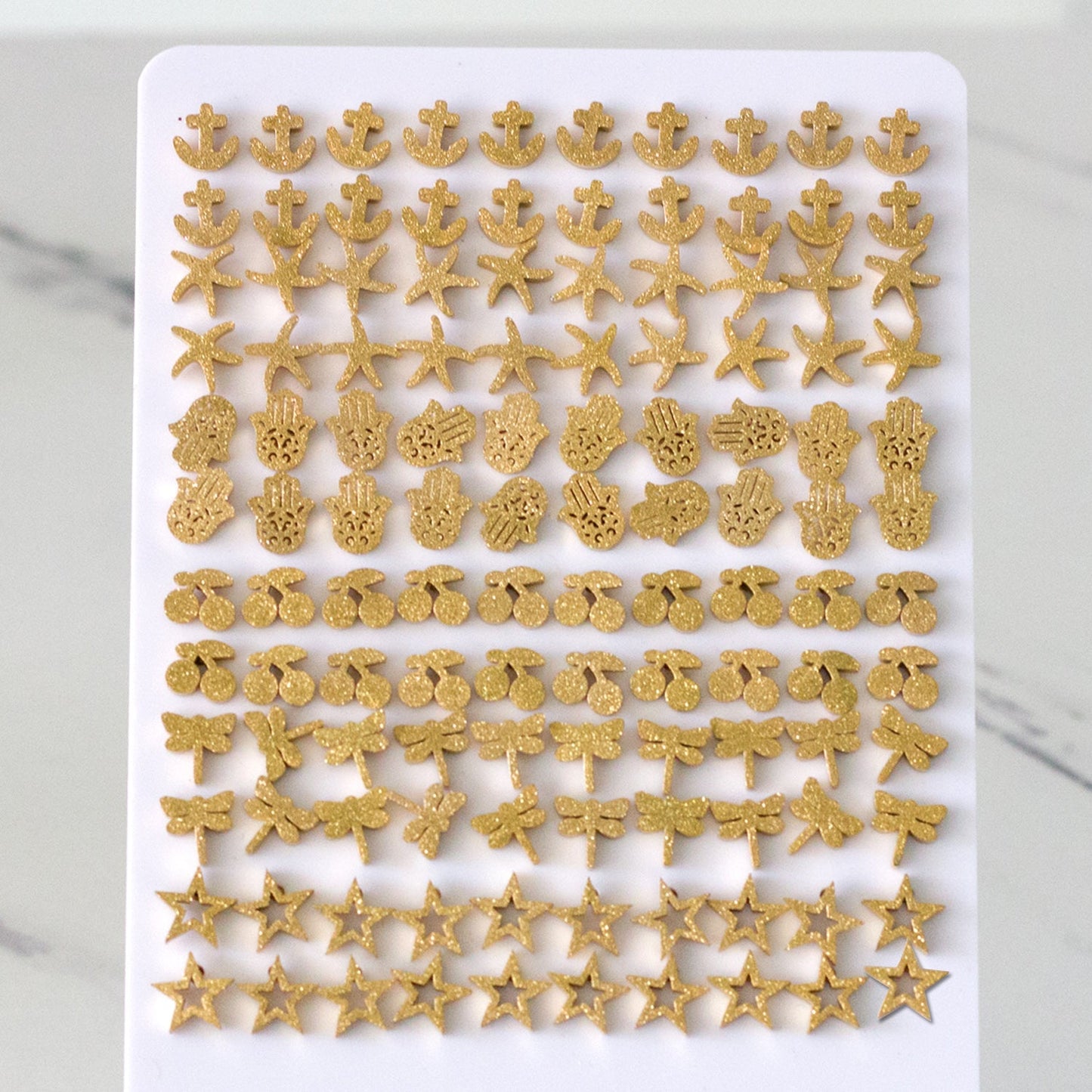 Goldtone Cherry/Pentagram/Palm Cut Frosted Stud Earrings without Diamonds on Snaps