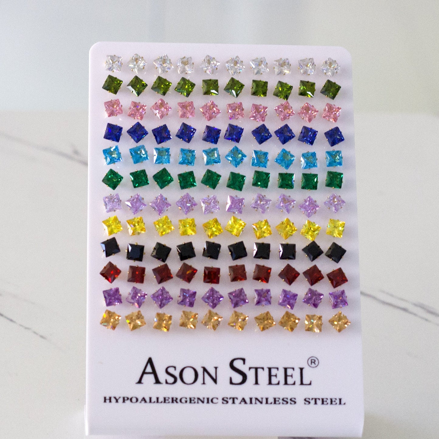 6mm Snapback Steel/Gold Square Mixed Diamond Stud Earrings