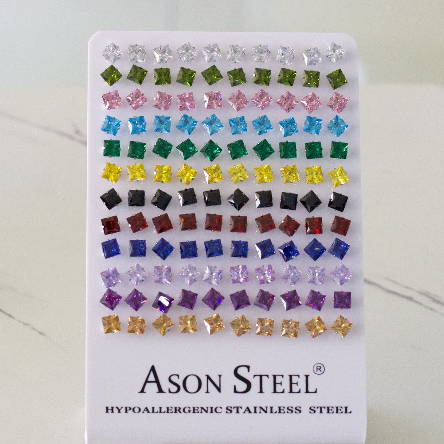 6mm Snapback Steel/Gold Square Mixed Diamond Stud Earrings