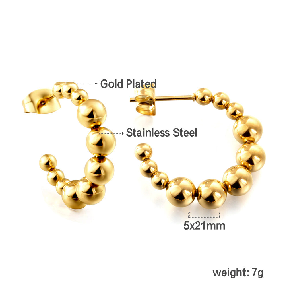 Wholesale Gold Stainless Steel Open Hoop Earrings | 5mm Half-Round Bead Detail | 14.1mm Spring Lever Back | Bulk Fashion Earrings for Retailers