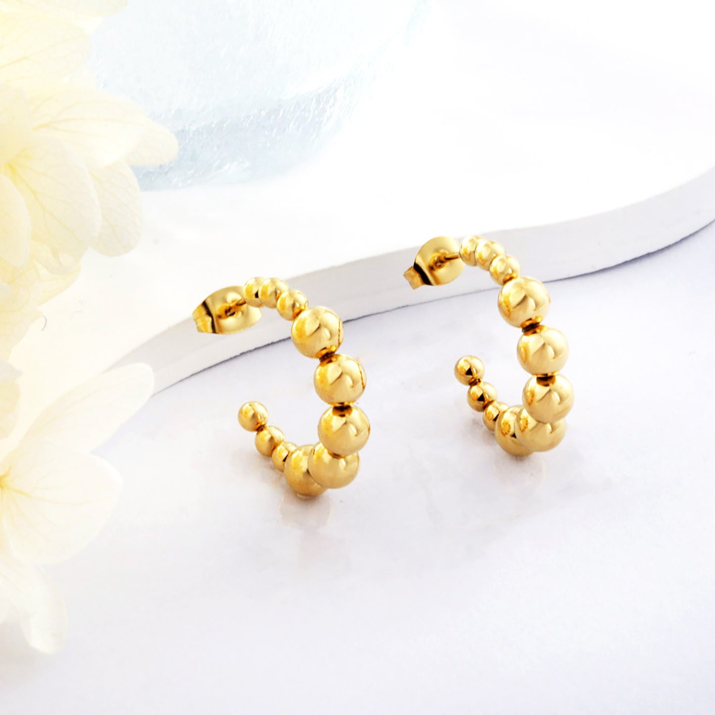 Wholesale Gold Stainless Steel Open Hoop Earrings | 5mm Half-Round Bead Detail | 14.1mm Spring Lever Back | Bulk Fashion Earrings for Retailers