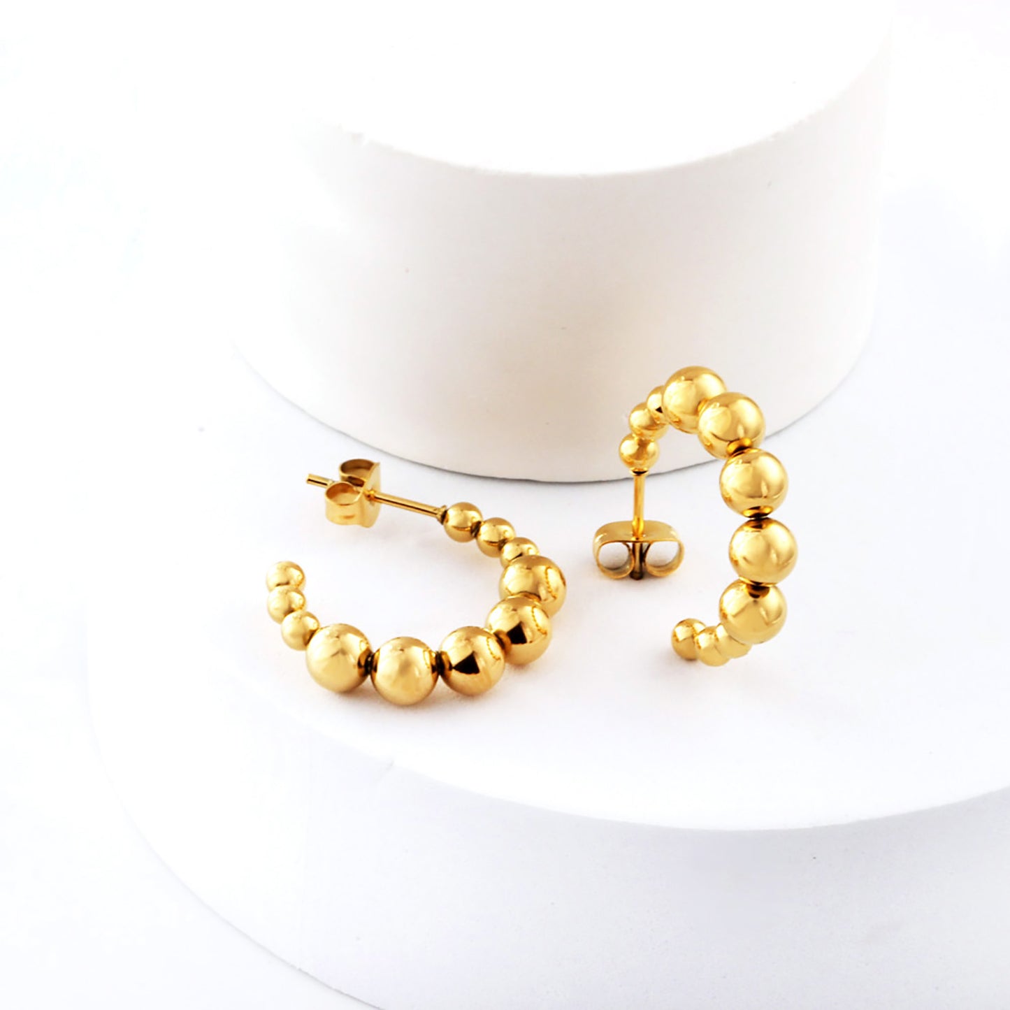 Wholesale Gold Stainless Steel Open Hoop Earrings | 5mm Half-Round Bead Detail | 14.1mm Spring Lever Back | Bulk Fashion Earrings for Retailers