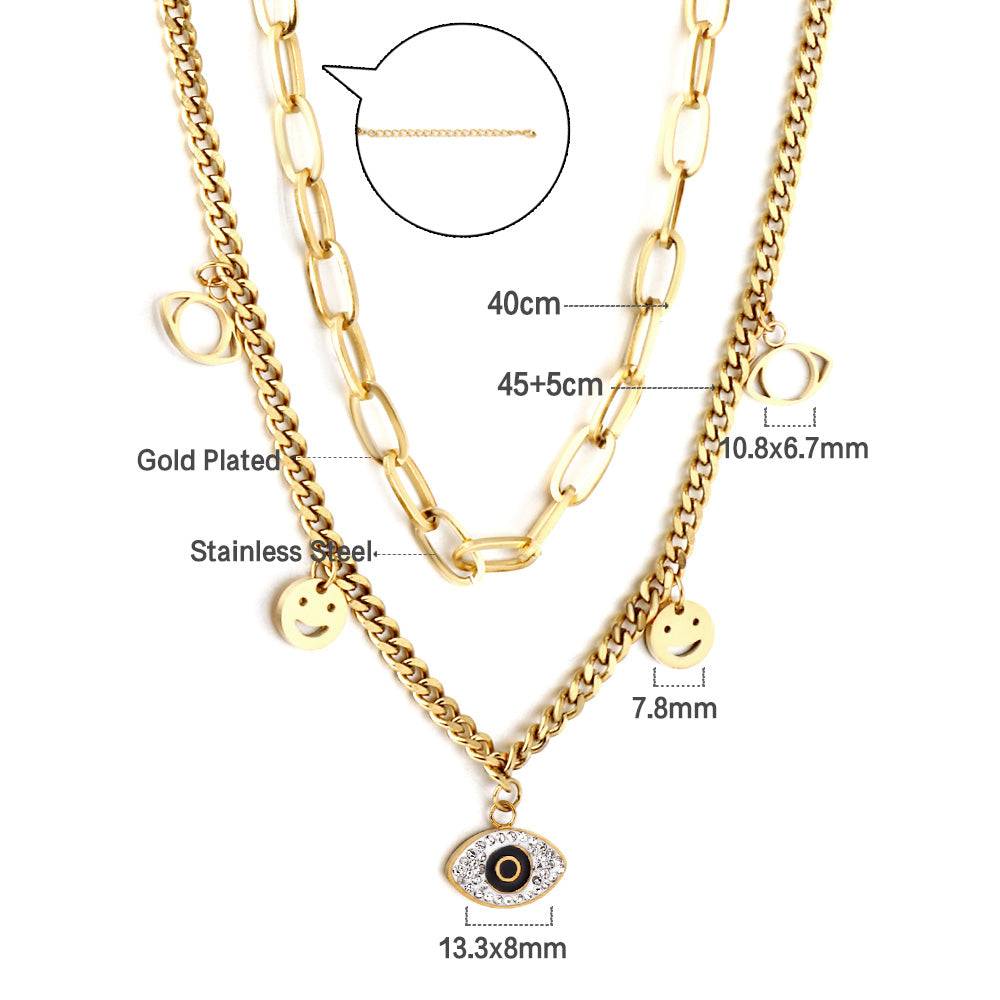 2 Smiley Faces + 2 Hollow Eyes + 1 Eye With Mixed Color Diamond Accessories Double Chain Necklace
