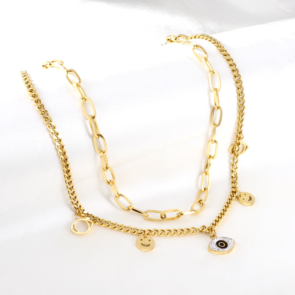 2 Smiley Faces + 2 Hollow Eyes + 1 Eye With Mixed Color Diamond Accessories Double Chain Necklace