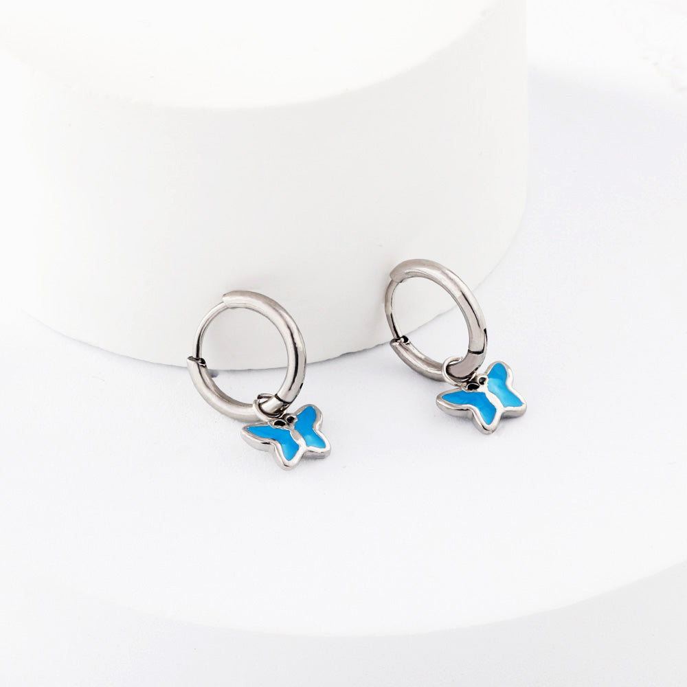New 1.6x11mm Circle With Blue Butterfly Earrings