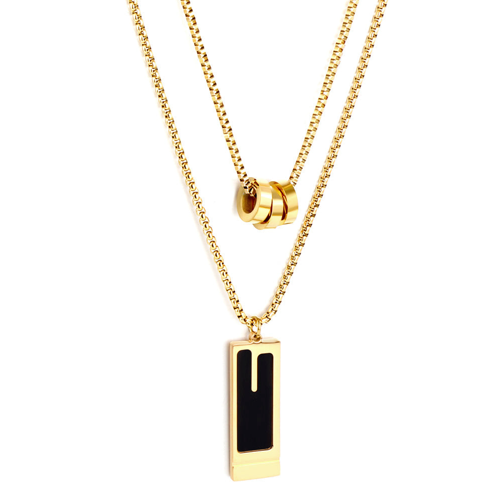 Three Round Hollow Pendants + Rectangular With Black Drop Oil Double Chain Necklace