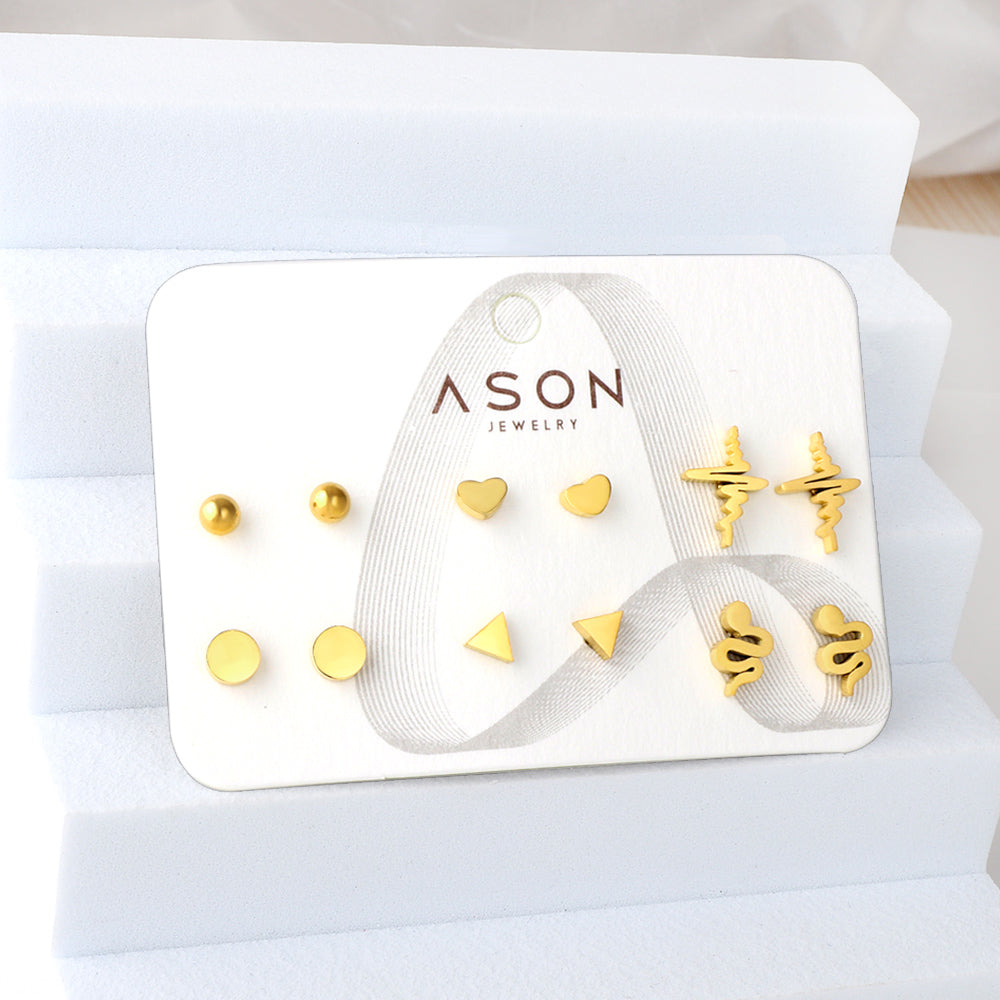 Six pairs of mixed card mounted cut-out current / triangle glossy stud earrings gold color