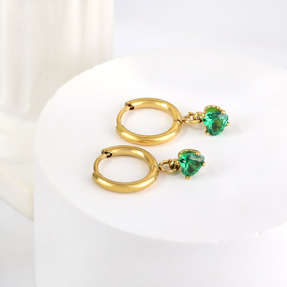1.5x8mm I.D. earrings + 4*4.2mm white/purple/red/pink/green zirconium heart shaped earrings gold color